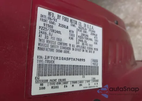 1993 Ford Ranger из США, поврежденный, VIN 1FTCR10A5PTA74895